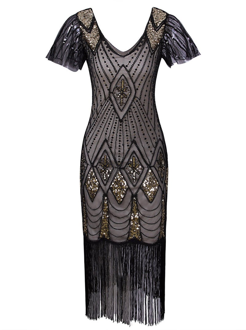 Vijiv Women 1920s Gatsby Beaded Sequin Short Sleeve Art Deco Long Flapper Prom Dresses,XX-Large,Beige Gold - Image 1